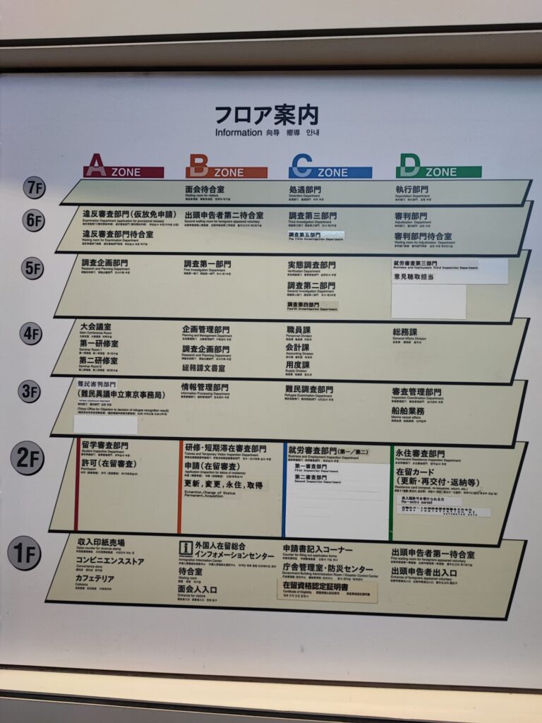 東京出入国管理庁（東京入管）フロアマップ（各階の案内図）